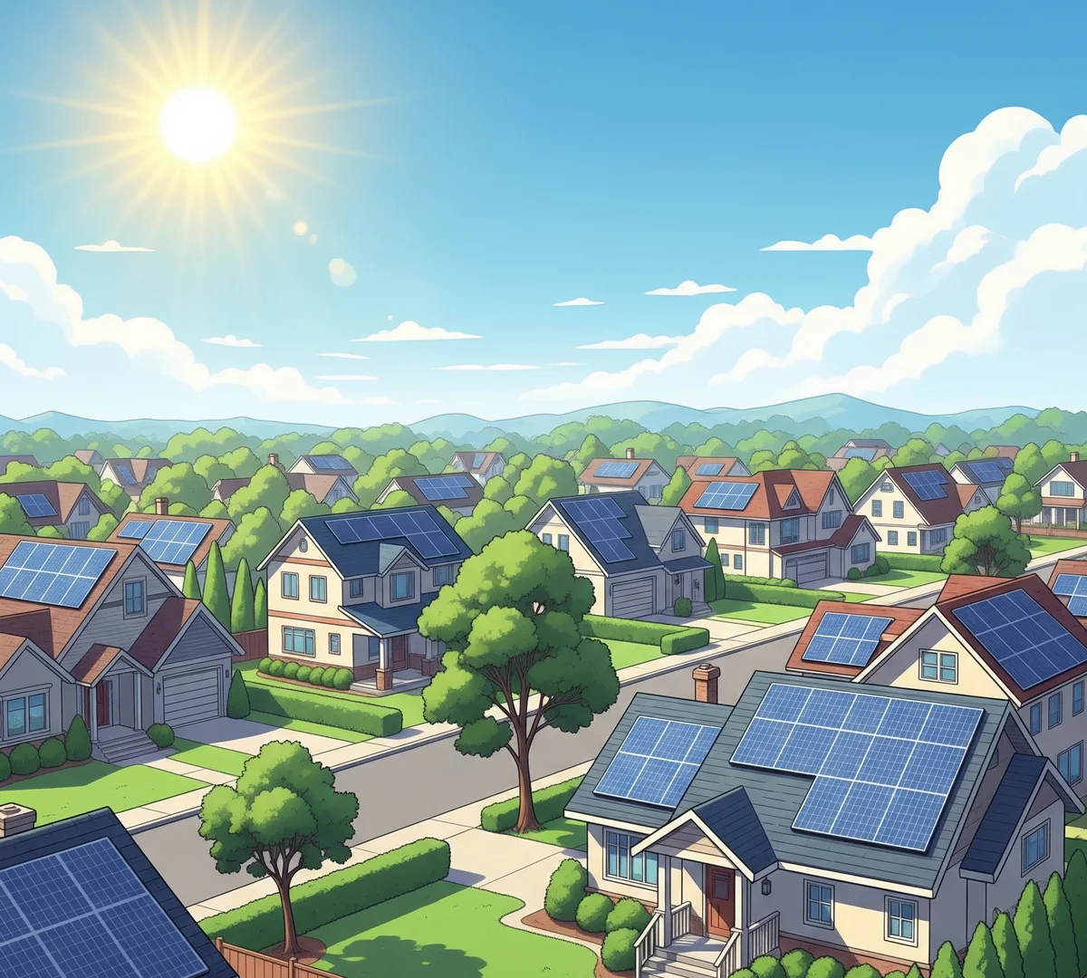 Neighbourhood with solar panels on rooftops